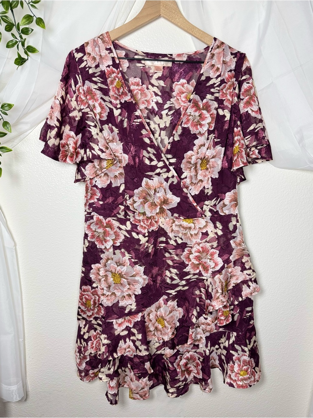 Purple Floral Ruffle Tiered Midi Wedding Guest Semi-Formal Date Dress XXL